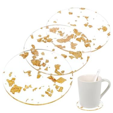 Imagem de 3 peças de porta-copos de acrílico de folha dourada, tapete de bebida moderno em alumínio acrílico transparente para bar, folhas redondas, porta-copos dourados, para mesa, bancada, café, mesa de
