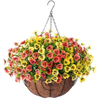 Imagem de Cesto de flores artificiais para pendurar plantas artificiais para decoração externa, 12 peças, amor-perfeito de seda, resistente a UV, flores falsas coloridas reais para casa, varanda, pátio,