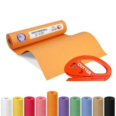 Imagem de Rolo de papel kraft laranja 30,5 cm x 30,5 m com cortador - Papel de embrulho feito nos EUA para embalagem, mudança, envio e artesanato/artes - Material de artesanato natural 100% reciclável da IDL