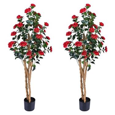 Imagem de Camélia de árvores artificiais realistas com troncos de madeira natural, rosa sintética de seda perene com flores de seda, decoração interna para sala de estar, varanda, escritório (vermelho, 1,5 m x