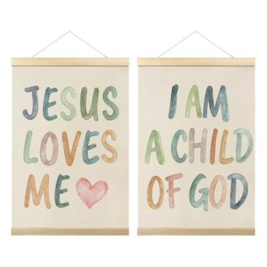 Imagem de 2 peças Jesus Loves Me I Am a Child Of God, Versículo da Bíblia Religiosa Cristã, Versículos da Bíblia Boho Impressão em Tela Decoração de Parede para Sala de Aula Sala de Estar Quarto