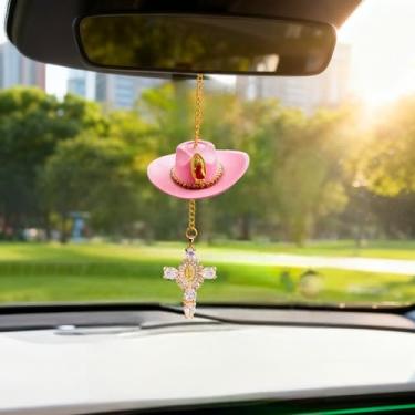 Imagem de Amuleto de carro de chapéu de cowboy, acessórios para pendurar no espelho retrovisor do país, chapéu de vaqueira de girassol, decoração de carro com estampa de vaca, lindo chapéu de feltro feito à mão