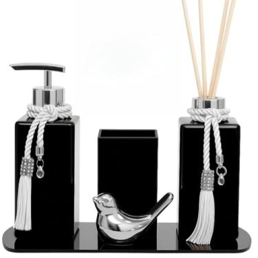 Imagem de Kit Lavabo Luxo Preto Com Bandeja De Vidro Vaso Quadrado E Passarinho Decorativo(Prata)