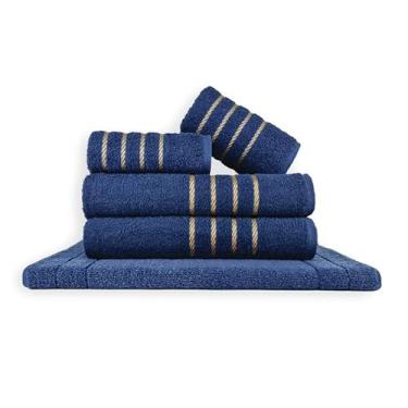 Imagem de Jogo de Toalhas de Banho 5 Peças 100% Algodão – 2 Toalhas de Banho Grandes e Macias + 2 de Rosto + 1 Tapete Antiderrapante para Banheiro (Azul Escuro)