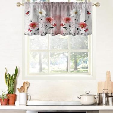 Imagem de AAtter Cortina floral de cozinha para janela flor vermelha e branca linda borboleta rústica margarida pequena curta casa sala de estar quarto banheiro bolso varão tecido drapeado 1 painel, 132 cm L x