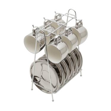 Imagem de Cj 6 Xícaras P/Café C/Pires de Porcelana Versa Branco/Prata 90ml e Suporte de Metal Wolff