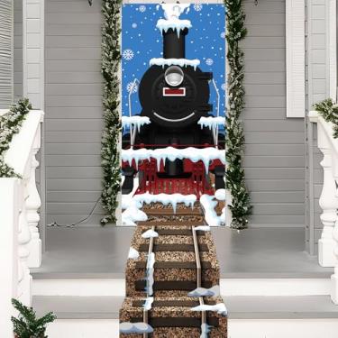 Imagem de Hahafelt 2 peças de capa de porta de trem de Natal e trilho de ferrovia corredor de trem decoração de festa banner para festa de Natal, aniversário, Natal, escola, sala de aula, parede de casa