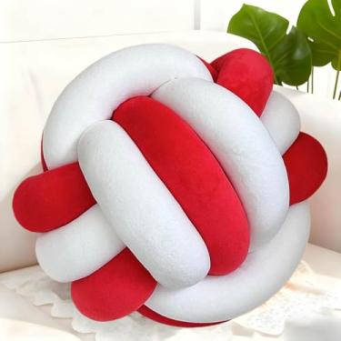 Imagem de Adlbbkiy Bola de almofada de nó vermelha e branca de 21 cm, almofada redonda macia feita à mão com nó, almofada de pelúcia, almofada de pelúcia com nó, para quarto, sofá de sala de estar, decoração de