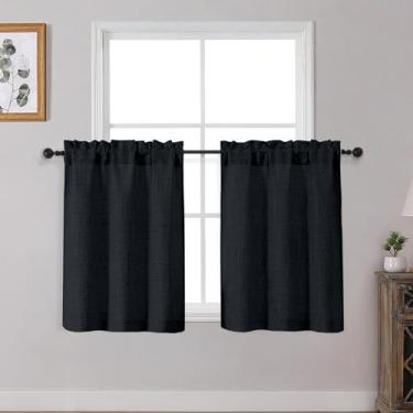 Imagem de OWENIE Cortinas pretas de cozinha sobre a pia 76 cm de comprimento, conjunto de 2 painéis, cortinas de café curtas texturizadas com filtragem de luz para janelas de banheiro, pequena cortina para