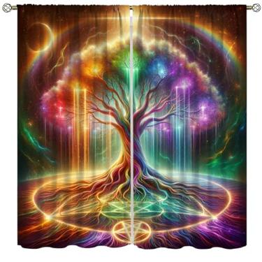 Imagem de VUMIVI Cortinas Cosmic Tree of Life Pentagramas estrelados luz dourada rio radiante árvore sagrada decoração de janela tratamentos para cozinha meninos adolescentes quarto sala de estar sala de jantar