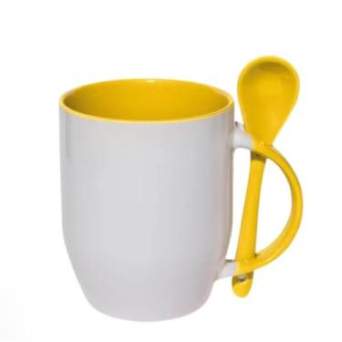 Imagem de XíCara de Café, Caneca para Bebidas Quentes com Colher (Base Curva) 325 ml a Colher Não Cai Da Caneca. (Amarela)