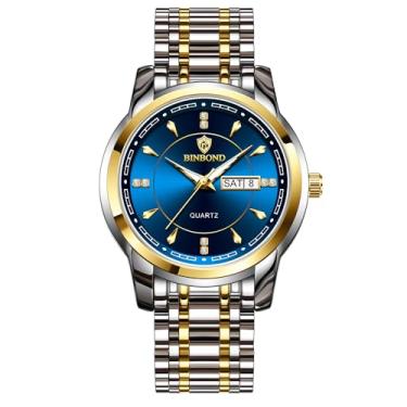 Imagem de W WOLF-CUB Relógio masculino à prova d'água luminoso data semana relógio de pulso de quartzo aço inoxidável moda esportes homens relógios, dourado e azul, Negócios