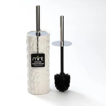Imagem de J&V TEXTILES Escova de vaso sanitário de cerâmica, escova de vaso sanitário com alça extralonga cerdas duráveis esfregão de vaso sanitário e suporte coberto para conjunto de escova de banheiro para