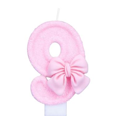 Imagem de Vela de aniversário para bolo, decoração de bolo de aniversário com laço rosa, velas de bolo para meninas da 9ª edição, artigos de festa de aniversário (número 9)