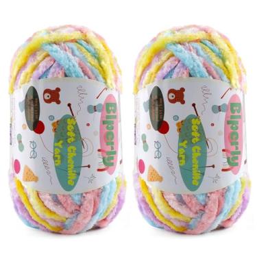 Imagem de 2 fios de chenille fofos de 100 g para crochê - fio de veludo grosso para cachecóis, xales, cobertores de bebê, chapéus, brinquedos de pelúcia, cada novelo de 49,2 m (2, macaron)