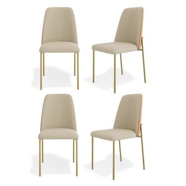 Imagem de Kit 04 Cadeiras Sala De Jantar Lior Estofada Base Dourada Linho Bege Couríssimo Whisky - Abmaza