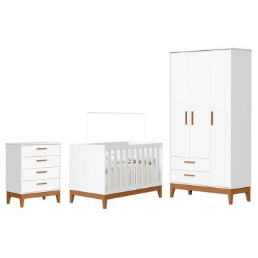 Imagem de Dormitório Infantil Flip Guarda Roupa 3 Portas, Cômoda 4 Gavetas E Berço Branco Fosco - Reller Móveis Branco Fosco