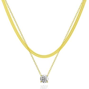 Imagem de Colar feminino banhado a ouro 14K em camadas delicadas, zircônia cúbica, gargantilha feminina, Large, Aço inoxidável, Sem Pedra Preciosa