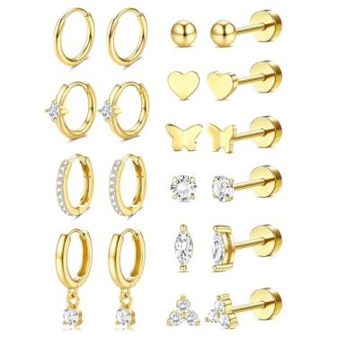 Imagem de Jstyle Brincos de argola banhados a ouro 14K para mulheres, hipoalergênicos, de aço cirúrgico, brincos de prata com costas planas, conjuntos de brincos modernos de cartilagem de hélice pequena CZ para