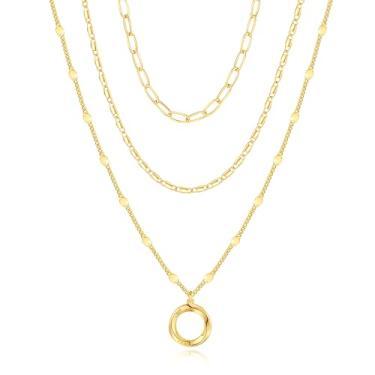 Imagem de DHKCU Colar de ouro em camadas para mulheres, colar moderno empilhável com pingente de cruz de diamante zircônia cúbica em ouro 14 K, caixa de clipe de papel, corrente plana marinheiro para férias na