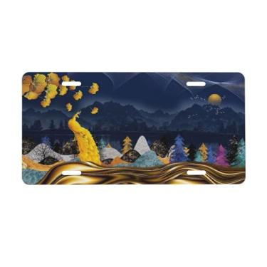 Imagem de KOSUES Golden Peacock Moon Dark Blue Mountain Jungle Forest Placa de licença de alumínio 15 x 30 cm capa de placa de carro frontal de metal acessório de decoração de carro novidade etiqueta de