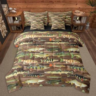 Imagem de Feelyou Conjunto de edredom casal de peixe robalo com 7 peças, para pesca e caça, para crianças, meninos, meninas, lençol de microfibra