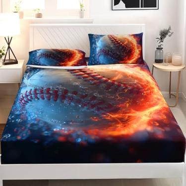 Imagem de AILONEN Jogo de cama casal de beisebol de fogo 3D, decoração de quarto de crianças, meninos, adolescentes, tema esportivo, para todas as estações, macio e respirável, 3 peças, 1 bolso profundo + 2