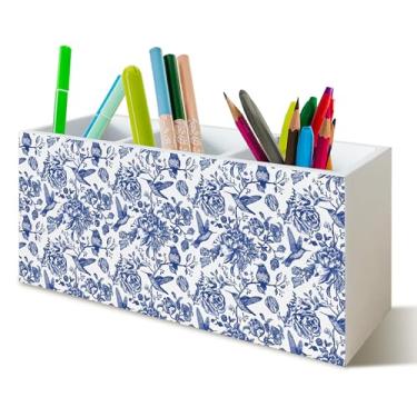 Imagem de YTRGI Porta-lápis de caneta floral chinoiserie azul e branco para mesa, placa de bloco de madeira botânica azul da Grandmillennial para decoração de mesa de escritório em casa, 12 x 12 cm