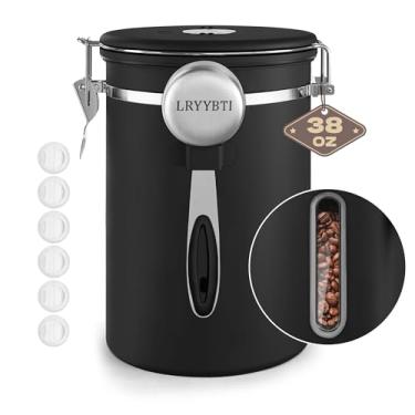 Imagem de LRYYBTI Recipientes de café com janela, colher e tampa hermética de aço inoxidável para armazenamento de grãos de cozinha, rastreador de data e colher para acessórios de cafeteria (preto + janela