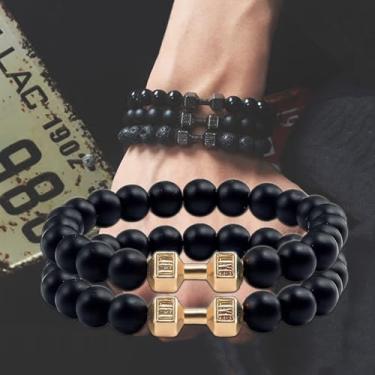 Imagem de 2 pulseiras elegantes combinando com contas para homens e mulheres com halteres modernos, corda elástica - pulseira de contas pesadas para academia, 19cm, Pedra, Sem Pedra Preciosa