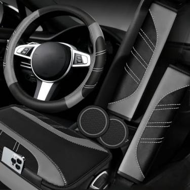 Imagem de NBTEPEM Conjunto de 6 peças de acessórios de carro cinza, capa de volante de couro esportivo universal de 36,8-38 cm, capa de console central de carro de couro de microfibra, almofada de cinto de