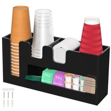 Imagem de Kucle Organizador de estação de café de 2 camadas para bancada, 5 compartimentos de acrílico preto para copo e tampa de armazenamento de condimentos de chá, organizador de café vertical, dispensador