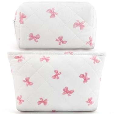 Imagem de 2 peças de bolsa de maquiagem de algodão acolchoada grande bolsa de maquiagem de viagem pequeno conjunto de porta-pincéis para mulheres, bolsa de maquiagem floral coquete fofa bolsa de cosméticos