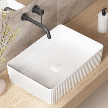 Imagem de Pia de banheiro retangular acima do balcão, pia de vaso de porcelana branca OCEALAGOON 50.8 cm x 33 cm, pia de vaso de vaidade moderna, lavatório de cerâmica artística
