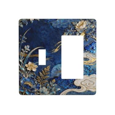 Imagem de WUYOCHA Capas de tomada decorativas, flor azul, branca, linha dourada, nuvem, 2 gangs, interruptor de luz, interruptor único, 1 placa de parede basculante para tomadas elétricas, capas de placa de