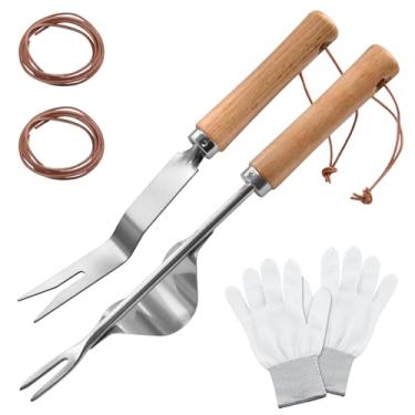 Imagem de 2 ferramentas de extração de ervas daninhas com 2 peças de cordas de couro bovino, ferramenta manual de jardinagem com base de metal e garfo em forma de V, ferramenta de remoção de ervas daninhas