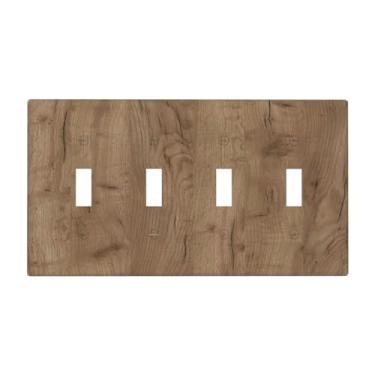 Imagem de Nadoabtm Placa de cobertura de interruptor de luz marrom quente grão de madeira 4 gangues quadriciclo interruptores decorativos capas de placa de tomada elétrica placa de parede para quarto decoração