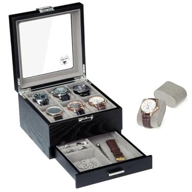 Imagem de Slege Caixa de relógio de madeira, caixa de relógio masculino de 2 camadas, 6 unidades, caixa de armazenamento de relógio com tampa de vidro, organizador de relógio, suporte de relógio de madeira