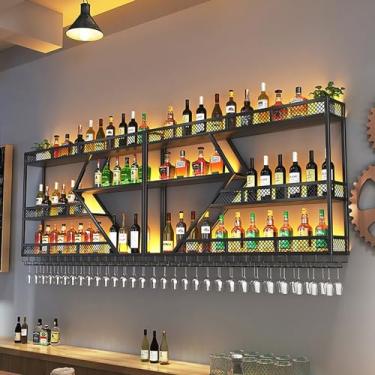 Imagem de THGYJP Rack de vinho industrial de 3 níveis montado na parede com suporte de vidro, prateleira de exibição de garrafa de licor de barra de grande capacidade com luz LED, prateleiras flutuantes de