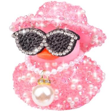 Imagem de CoFuBcad Ornamentos de carro de pato de borracha de diamante, decorações de painel com óculos de sol, colar de pérolas, patos legais, acessórios de carro