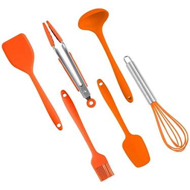 Imagem de Utensílios de cozinha processados em teflon conjunto de suprimentos de mesa de silicone resistente ao calor espátula concha colher para utensílios de cozinha 6 peças (cor: azul) (laranja)