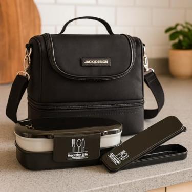 Imagem de Kit Bolsa Térmica C/ 2 Compartimentos + Marmita + Porta Talheres 3 Peças Para Viagem e Armazenamento (Preto Luxo)