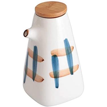 Imagem de Dispensador de azeite de oliva e vinagre, conjunto de garrafas de cerâmica e bico de despejador, decantador de galheteiro com tampa de madeira, recipiente de condimento líquido e design sem