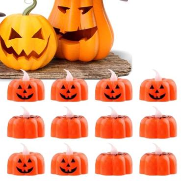 Imagem de Velas elétricas de chá – Velas de abóbora sem chamas para o dia das bruxas | Lâmpada LED alimentada por bateria para buffet, celebração, Natal, jardim, praia