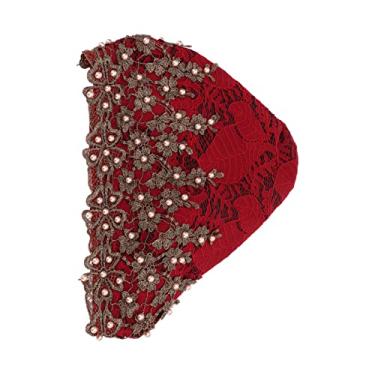 Imagem de Acouto Turbante Bordado Vintage Envolve Mulheres – Material de Renda Macia Com Chapéu de lã Com Contas, Uso Diário Ideal, Queda de Cabelo, Chapéu Muçulmano e Acessório de Moda (Vermelho arroxeado)