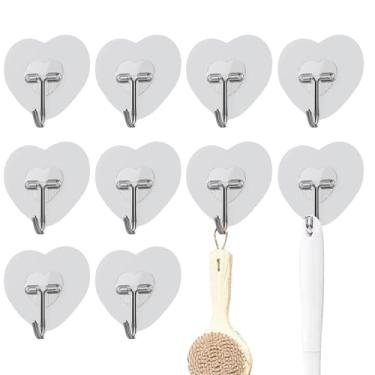 Imagem de Ganchos de parede adesivos - Ganchos de parede em forma de coração com suporte de peso com fixação forte, 10 ganchos transparentes removíveis multiuso para organização de cozinha e banheiro