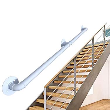 Imagem de Corrimão de escada - kit completo, corrimão de tubo branco industrial de escada com suporte de montagem na parede, casa contra a parede, grades internas e externas para idosos (tamanho: 5,2 m)
