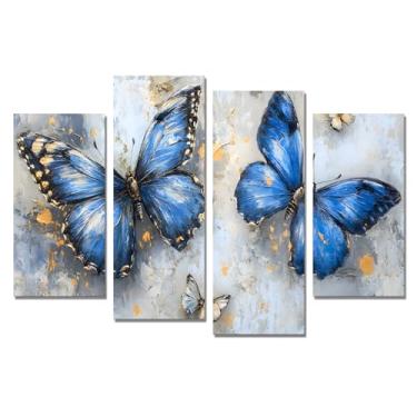 Imagem de Derkymo 4 painéis de arte de parede em tela borboleta azul imagem rústica decoração de parede fácil de pendurar