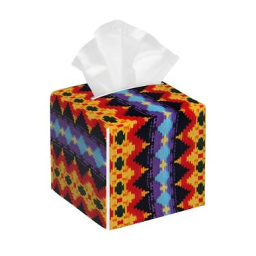 Imagem de Porta-lenços de couro quadrado à prova d'água com padrão étnico asteca, organizador de papel facial retrô com cinto inferior, estojo de lenços para mesa, banheiro, escritório, mesa, carro, decorativo