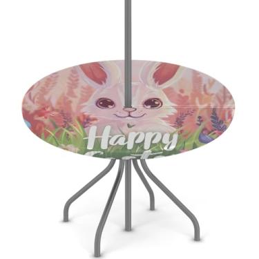 Imagem de hongjinglin Toalha de mesa de Páscoa para uso ao ar livre com orifício para guarda-chuva, toalha de mesa redonda elástica com zíper, impermeável, limpável, para piquenique, festa, pátio, serve para
